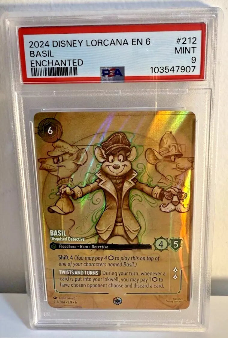 PSA 9 Disney Lorcana Basil, Disguised Detective – Enchanted Foil